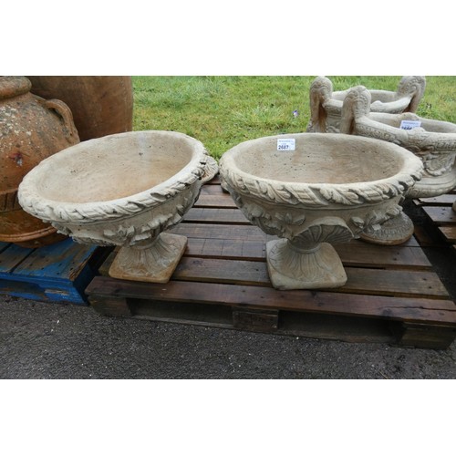 2687 - 2 large round concrete planters