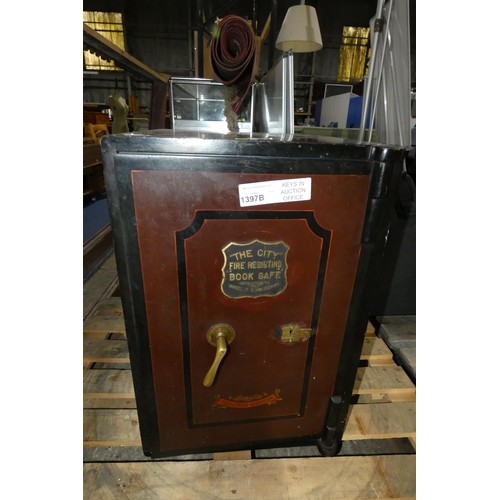 1397B - 1 Brown metal fire resistant safe approx 51 x 49 x 76cm high - keys in office