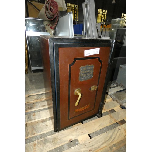 1397B - 1 Brown metal fire resistant safe approx 51 x 49 x 76cm high - keys in office