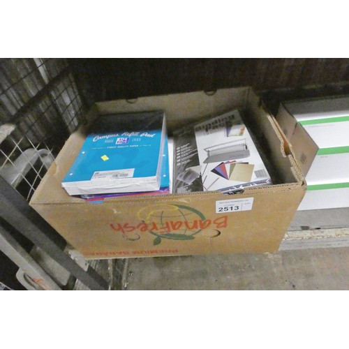 2513 - A box containing a quantity of office supplies inc binding packs and note books