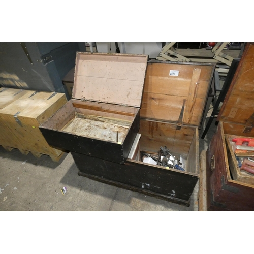 2073 - 2 x wooden carpenters type tool boxes with lift up lids containing a quantity of various vintage han... 