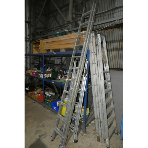 2075 - A double extending aluminium ladder (2 x 11 rung) and 1 x Abru 3-way aluminium ladder