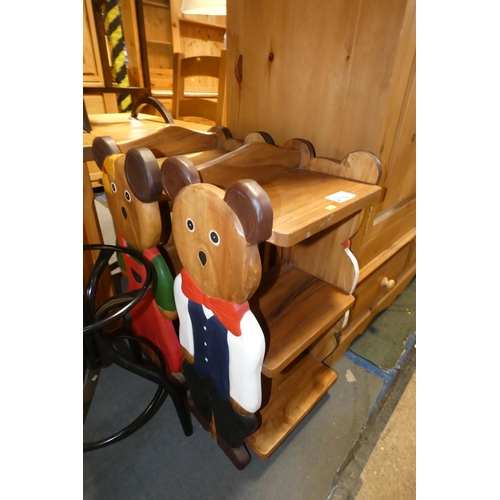 2119 - 2 x small dark wood novelty shelf units with painted bear sides