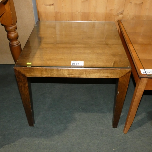 2137 - A dark wood glass topped coffee table approx 60 x 60cm