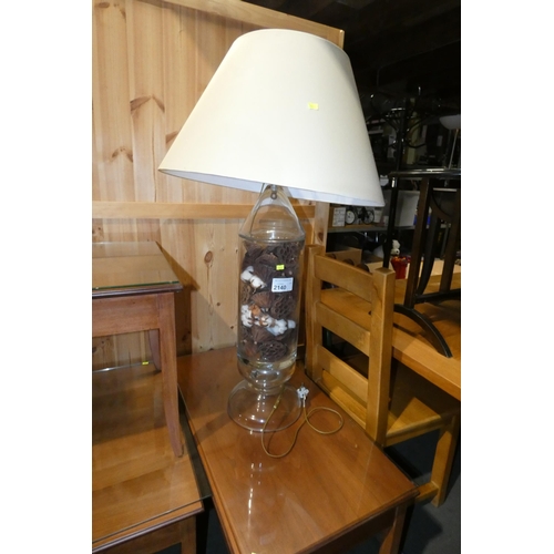 2140 - 1 x tall glass table lamp with shade 240v and 1 x wooden glass topped coffee table approx 90 x 50cm ... 