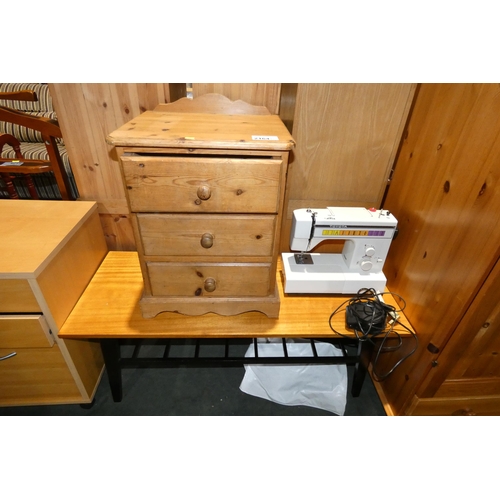 2164 - 1 x Pine bedside, 1 x coffee table and 1 x Toyota 2202 sewing machine 240v (Trade)