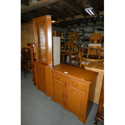 2182 - A dark wood effect corner cabinet with built in lights and a matching dark wood effect side board ap... 