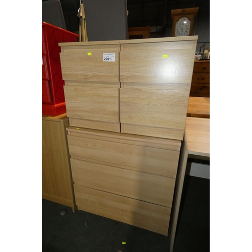 2201 - 1 x wood effect chest of 3 drawers approx 70cm wide and 2 x wood effect bedside cabinets