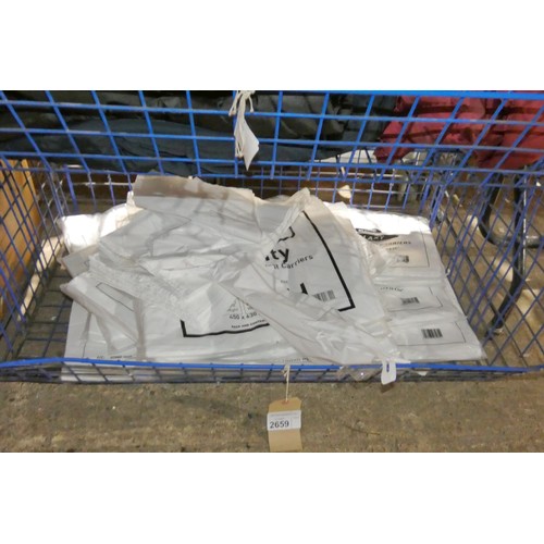 2659 - A large quantity of various size plain white plastic carrier bags, contents of 1 basket, basket not ... 