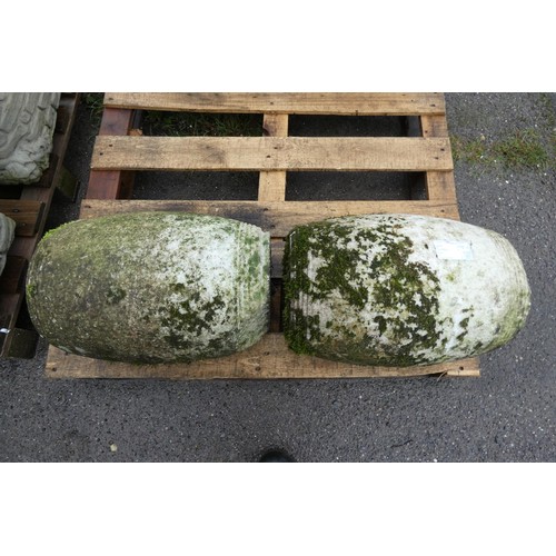 2677 - 2 x weathered stone/marble barrel shaped garden ornaments