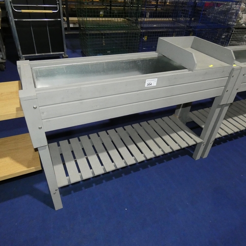 304 - A grey painted wooden planter with shelf beneath and sliding tray approx 120x40cm