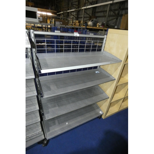 309 - A mobile silver coloured shop shelving unit with 4 shelves approx 100x42x43cm