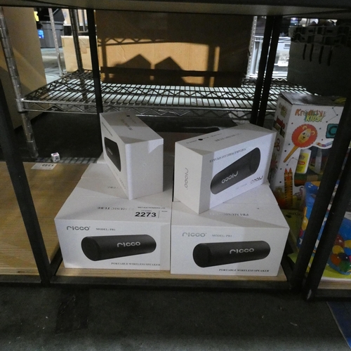 2273 - 10 x Ricco portable wireless speakers. Contents of 1 shelf