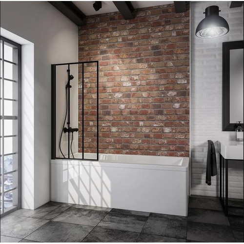 91 - 1 x Schulte clear glass bath screen with black frame approx 1300 x 695mm RRP £148