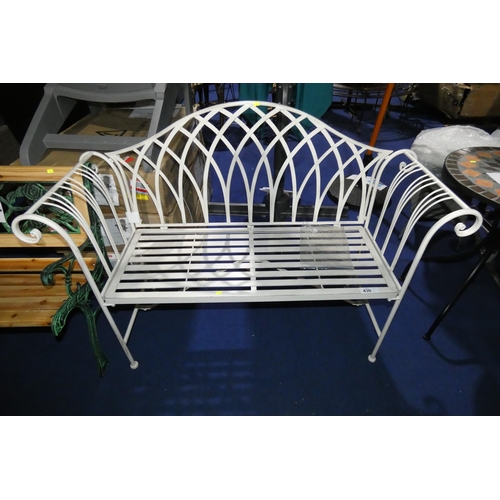 430 - 1 x light coloured metal garden bench approx 129cm wide