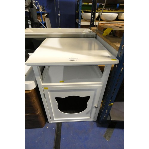 209 - 1 x white single door cat cupboard / house containing a brown cushion with a cat shaped hole cut int... 