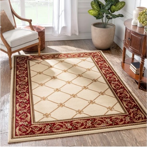 564 - 1 x Timeless Fleur De Lis transitional trellis tufted ivory rug approx 160 x 220cm RRP £104