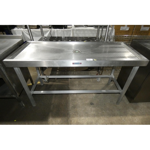 1145 - A commercial stainless steel catering type wet prep table with central plug hole by Row Fabrication ... 