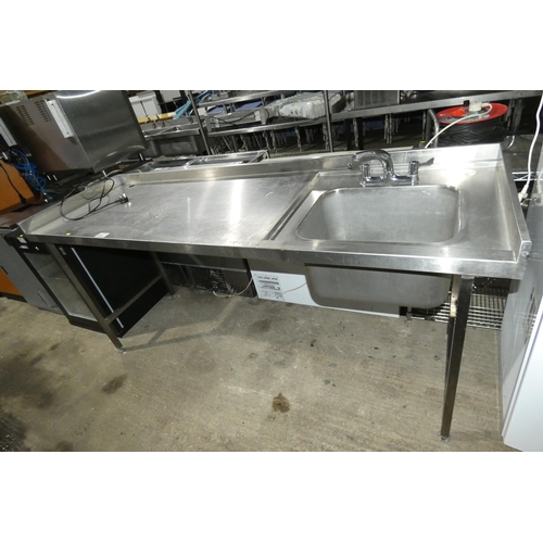 1157 - A commercial stainless steel single sink unit with prep table to the left approx 216x70, open beneat... 