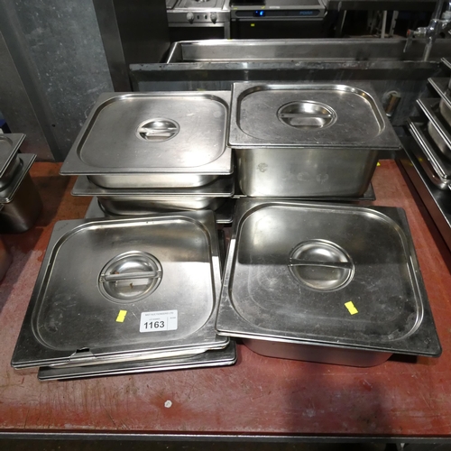 1163 - A quantity of commercial stainless steel gastronorm pots with lids approx 35x32 various depths