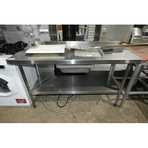 1172 - A commercial stainless steel catering type table with shelf and drawer beneath approx 150x65cm