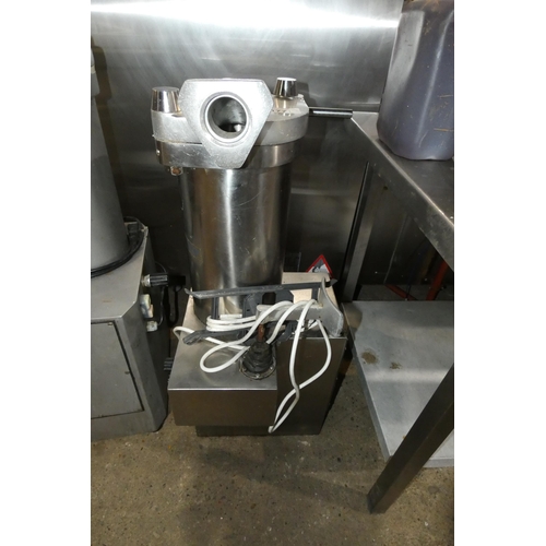 1177 - A commercial stainless steel sausage making machine by Lan Elec, no model visible, 4 attachments inc... 