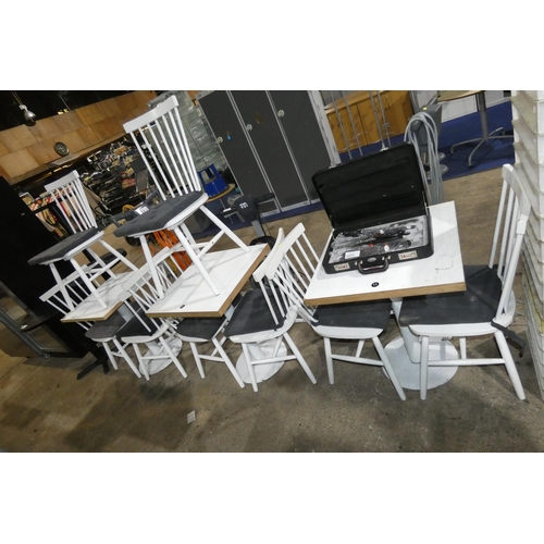 1218 - 3 x white cafe type tables and 8 matching chairs