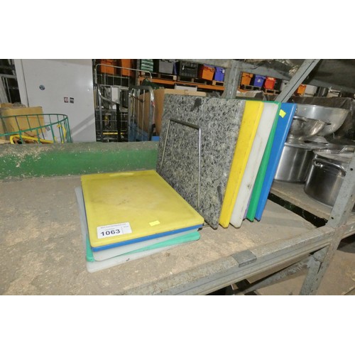 1063 - A quantity of various chopping boards with stand