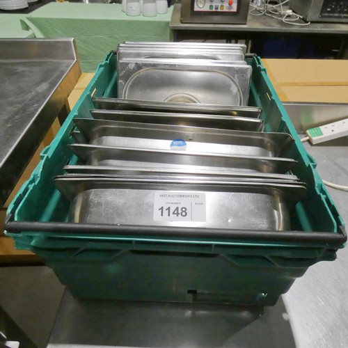 1148 - A quantity of commercial stainless steel gastronorm trays and lids, contents of 1 crate, crate not i... 