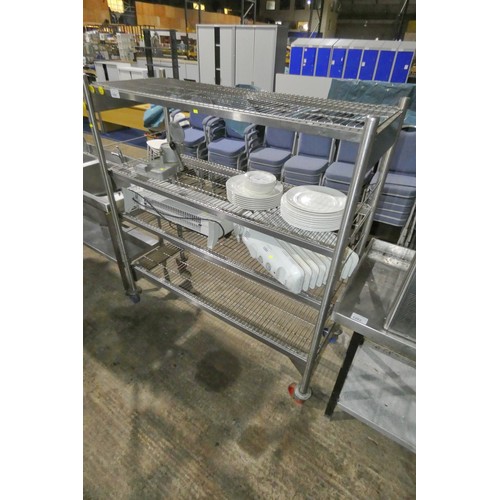 1206 - A commercial stainless steel mobile shelving rack with 4 shelves approx 150x60x165cm