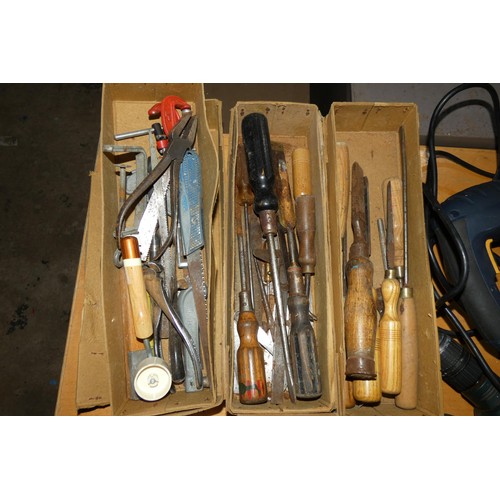 2019 - A quantity of various tools including a drill 240v, a jigsaw 240v, a battery charger, chisels etc (T... 