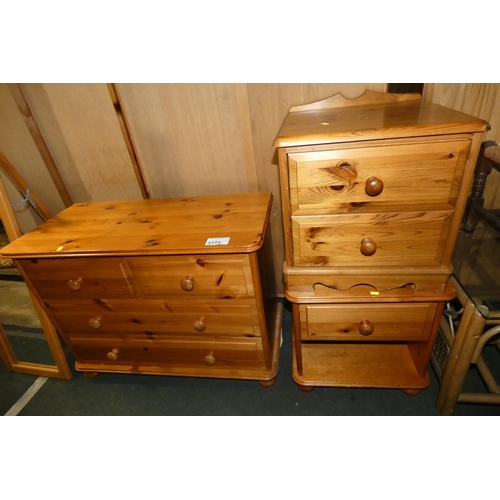 2115 - 1 x Pine chest of 4 drawers (2+2) approx 84cm wide and 2 x Pine bedside cabinets