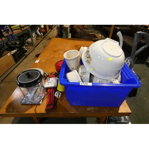 2120 - A small quantity of various items including crockery, a lamp with screw to table fitting 240v etc (T... 