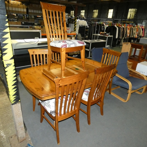 2145 - A Ducal extending Pine dining table and 6 x Pine dining chairs with London themed upholstery on seat... 