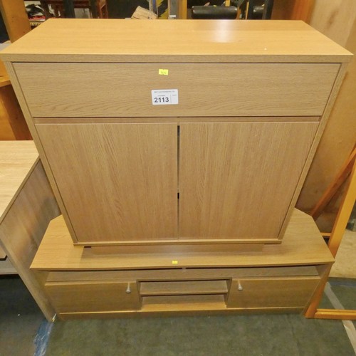 2113 - 1 x wood effect TV cabinet approx 120cm wide and 1 x wood effect side board approx 79cm wide