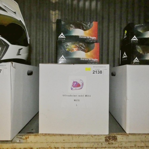 2138 - 1 x MX311 white off road helmet size L and 2 x sets of oversize ski goggles