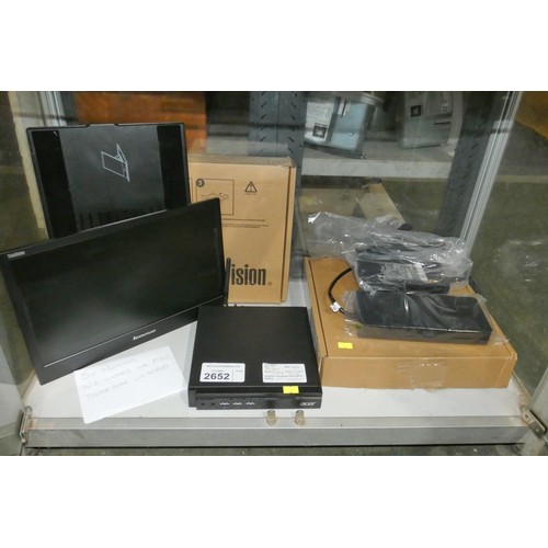 2652 - A Thinkvision 5v monitor by Lenovo, no leads, Acer mini pc with an i3 3.4ghz processor unit only, 4g... 