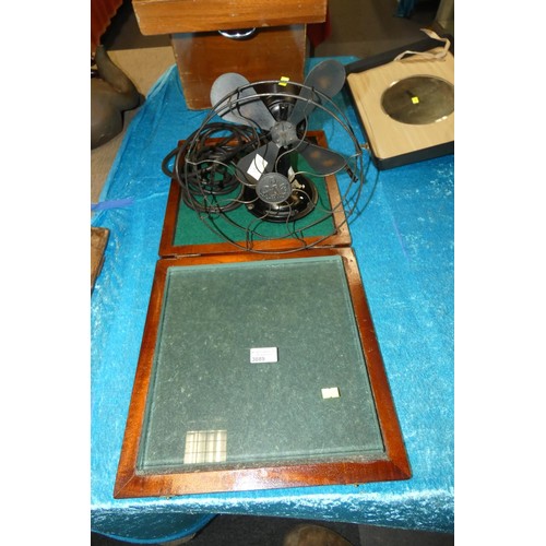 3089 - A vintage mahogany case heavy glass plate and a vintage electric fan