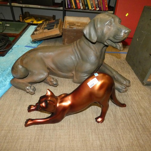 3094 - A large resin seated dog and a bronze coloured cat