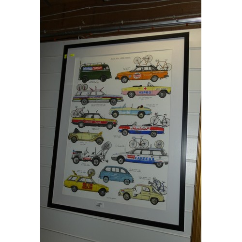 3110 - A framed print of bicycle race support vehicles by David Sparshott