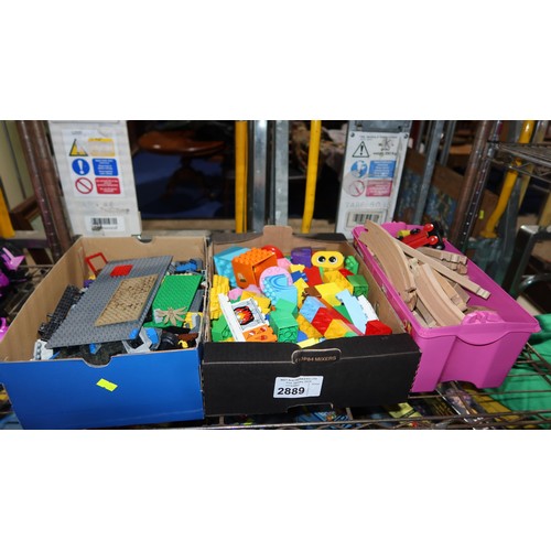 2889 - 3 x boxes containing Lego, Megabloks and a wooden train track with train and carriages