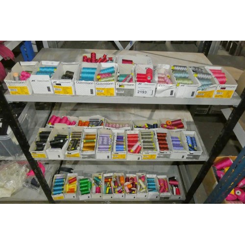 2193 - A quantity of various spools of Gutermann sewing threads. Contents of 1 bay / 3 shelves