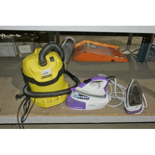 2200 - 1 x Morphy Richards steam iron, 1 x Tesco steam iron and 1 x Karcher WD2 wet / dry vacuum cleaner wi... 