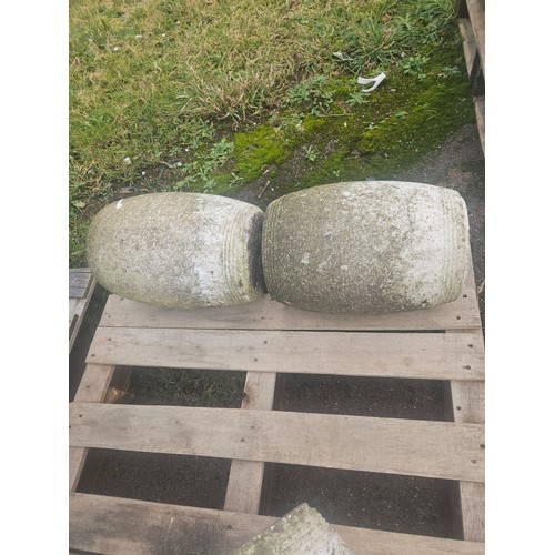 2908A - 2 x weathered stone/ marble barrel shaped garden ornaments