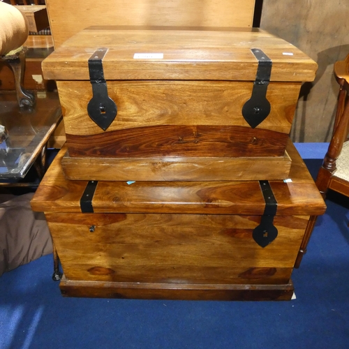 3299 - 2 oriental hardwood storage boxes each with side handles and a lift lid