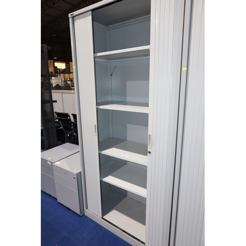 1289 - 1 x Roneo grey metal tambour front cabinet approx 100 x 47 x 209cm high