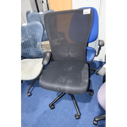 1364 - 1 x black upholstered armless office swivel chair with black mesh back panel