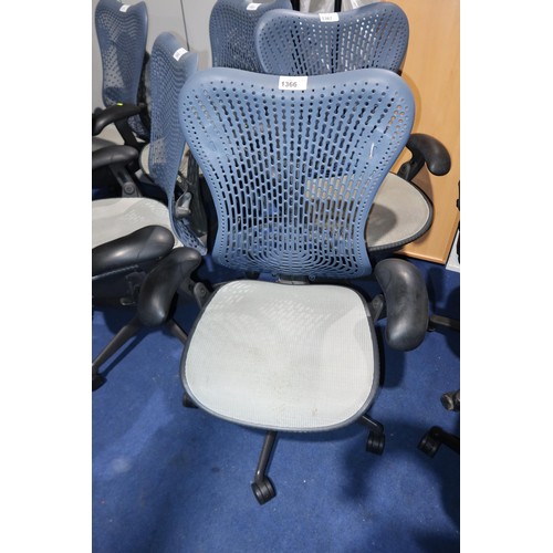 1366 - 1 x Herman Miller Mirra office swivel chair with grey mesh seat and dark blue plastic back