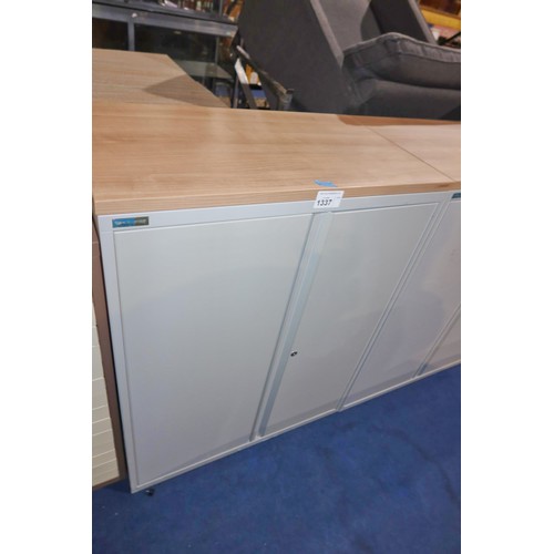 1337 - 1 x Silverline grey metal tambour front storage cabinet with wood effect top approx 80 x 47 x 102cm ... 