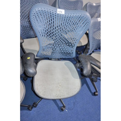 1378 - 1 x Herman Miller Mirra office swivel chair with grey mesh seat and dark blue plastic back